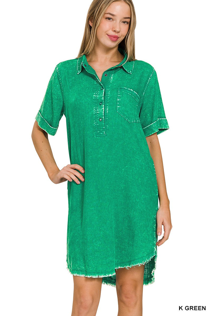 Washed Linen Raw Edge Button Down Vneck Dress- Kelly Green