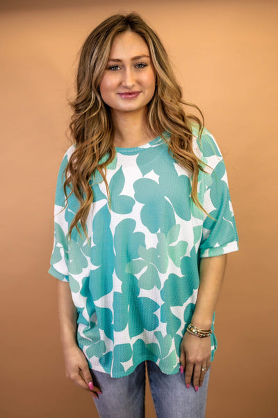 Willa Waffle Floral Top in Turquoise