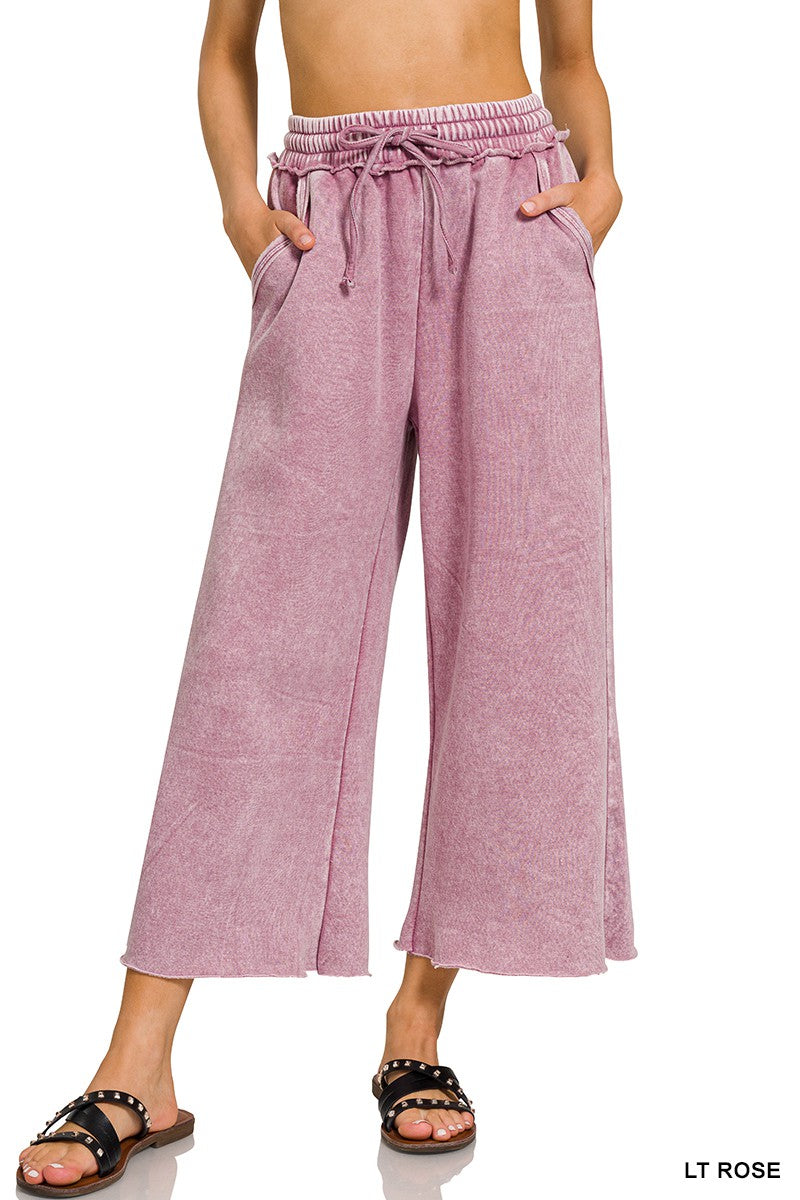 Acid Wash Thin Fleece Palazzo Sweatpants- Lt Rose