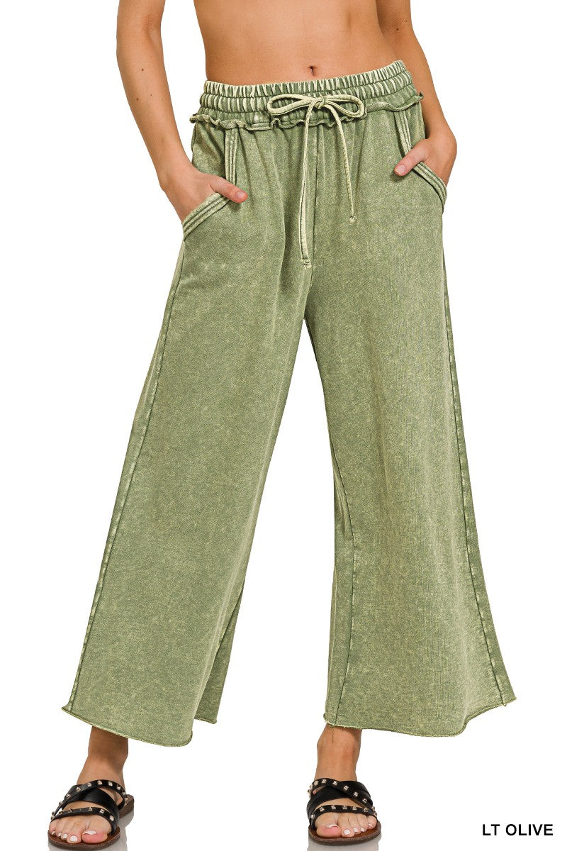Washed French Terry Palazzo Pants-Olive