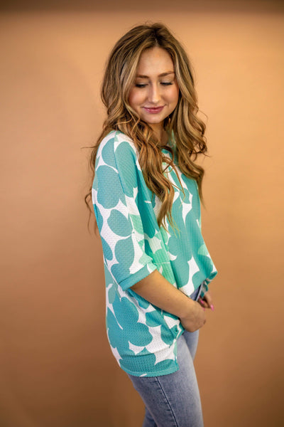 Willa Waffle Floral Top in Turquoise