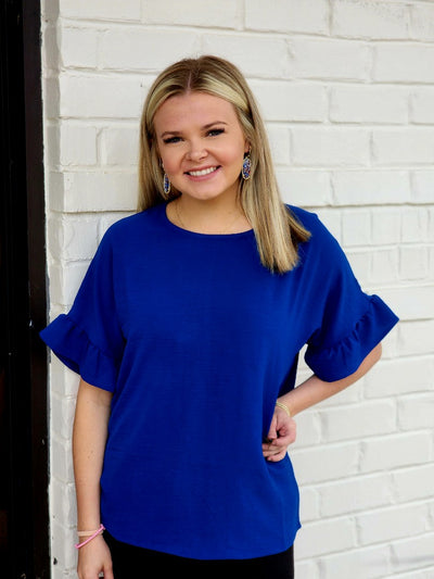 WOVEN AIRFLOW RUFFLE SLEEVE TOP-lIGHT BLUE