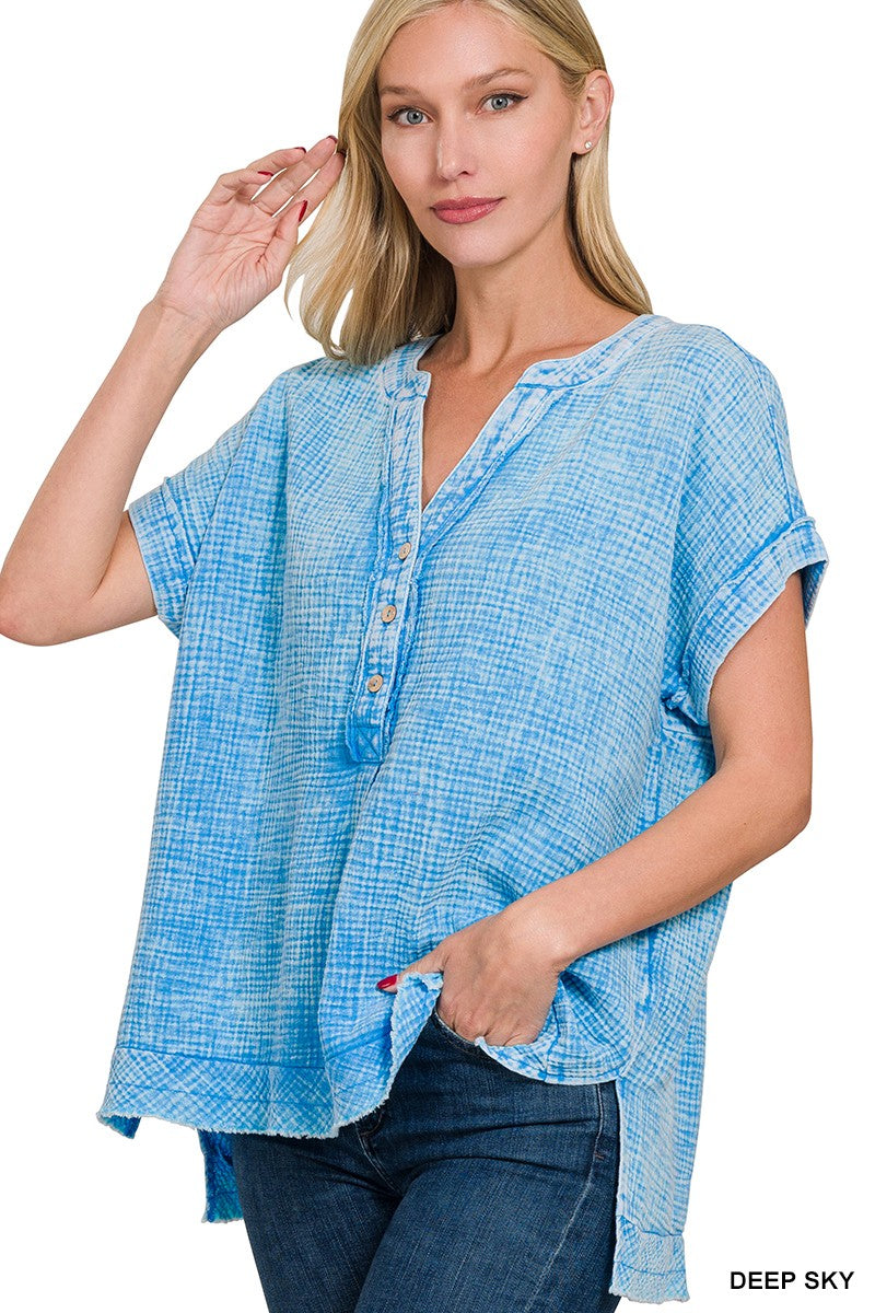 Henley Gauze Short Sleeve Top