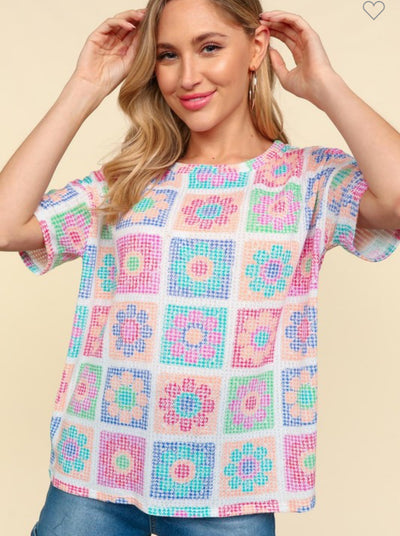 Oversized Floral Crochet Waffle Top