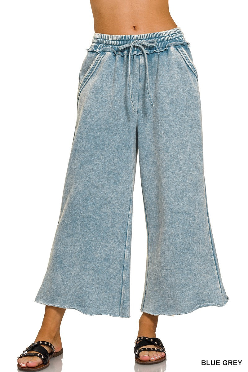 Acid Wash Thin Fleece Palazzo Sweatpants- Blue Grey