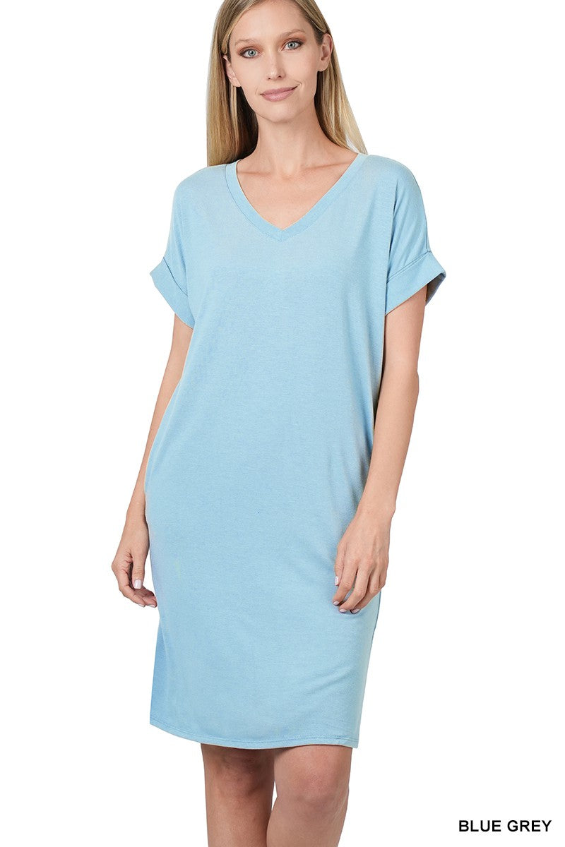 Basic Everyday Pocket Dress-Blue Grey