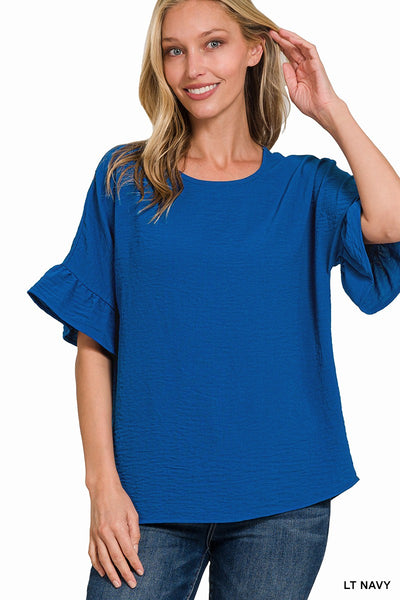 WOVEN AIRFLOW RUFFLE SLEEVE TOP-lIGHT BLUE